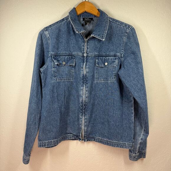 Women's NY Jeans Blue Jean Denim Zip Front Shirt Jacket Size Medium - Picture 2 of 6
